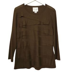 Helios & Luna Brown Wool Tencel Blend Ribbon Tiered Sweater L 3/4 Sleeve